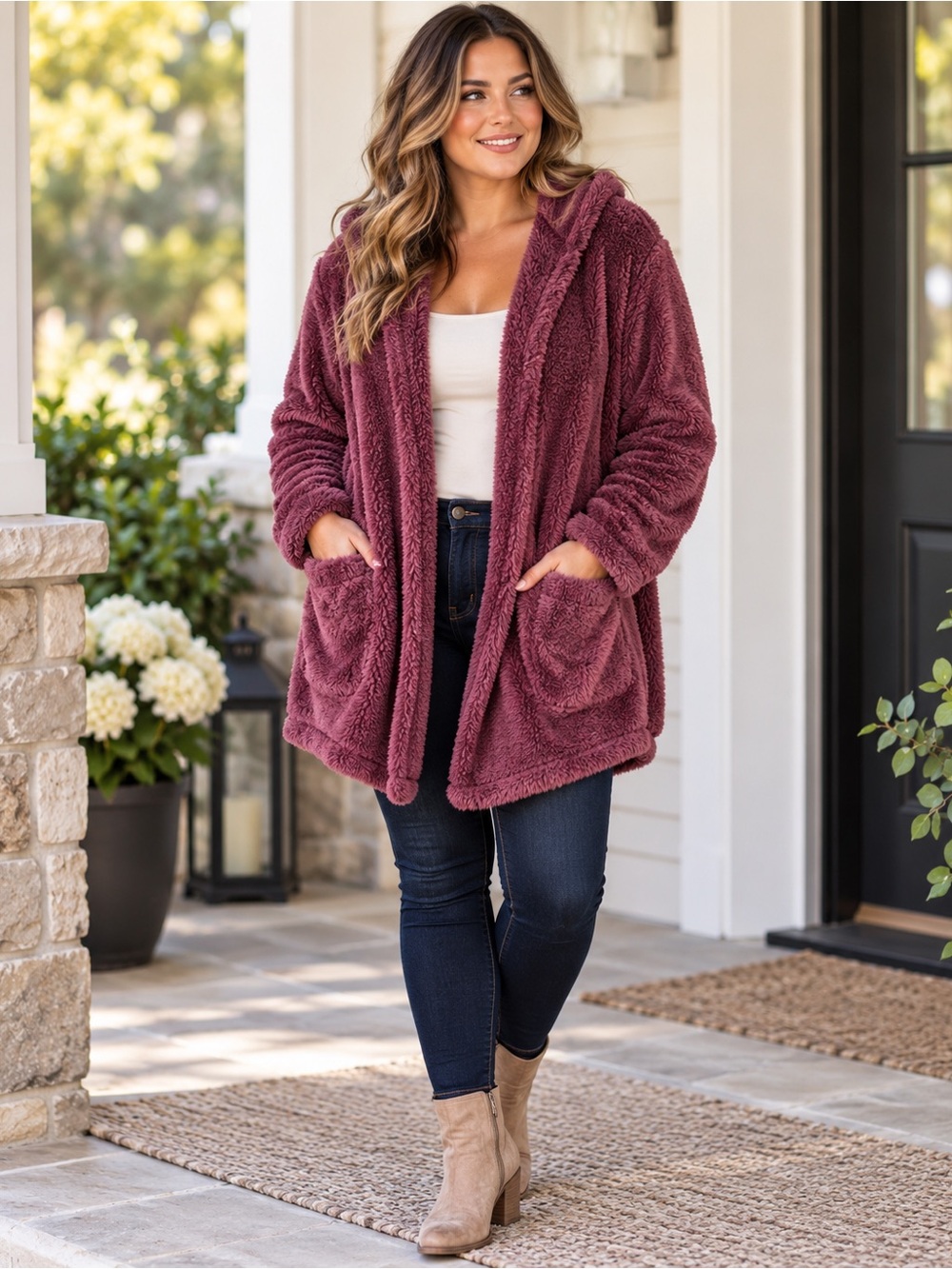 Serra Hooded Open Front Plush Teddy Cardigan Sweater with Pockets L/XL